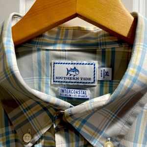 Southern Tide tan/blue/white plaid performance shirt
